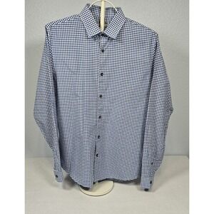 Express Mens Fitted Shirt Long Sleeve Blue & Gray Ginham Check Size Large